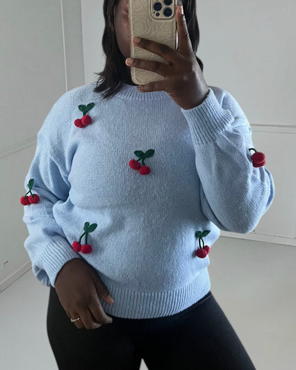 NATHALIE Sweater - Light Blue Cherry Pattern