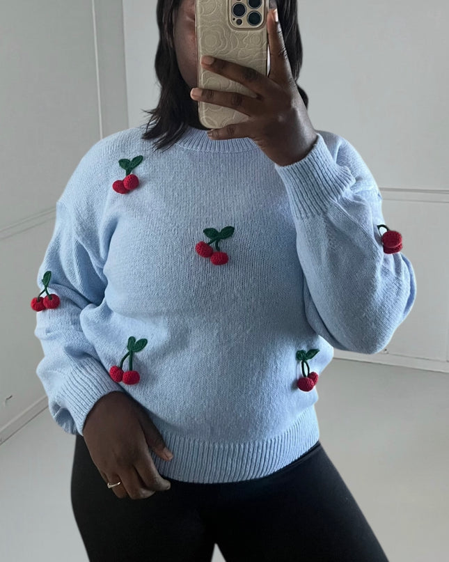 NATHALIE Sweater - Light Blue Cherry Pattern