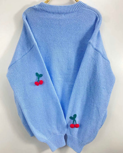 NATHALIE Sweater - Light Blue Cherry Pattern