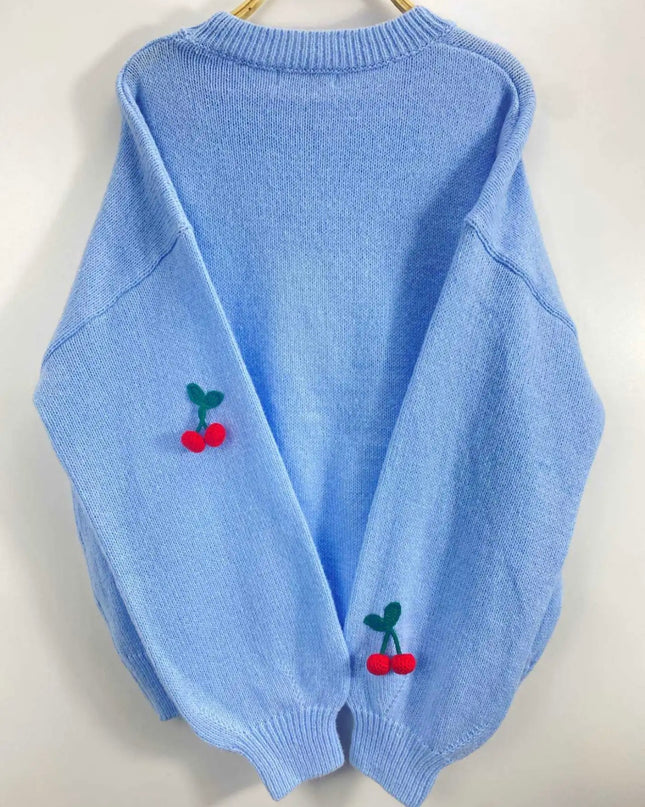 NATHALIE Sweater - Light Blue Cherry Pattern