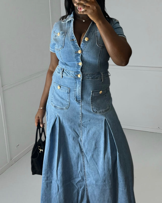 MAYA Dress - Denim Elegance with Gold Buttons