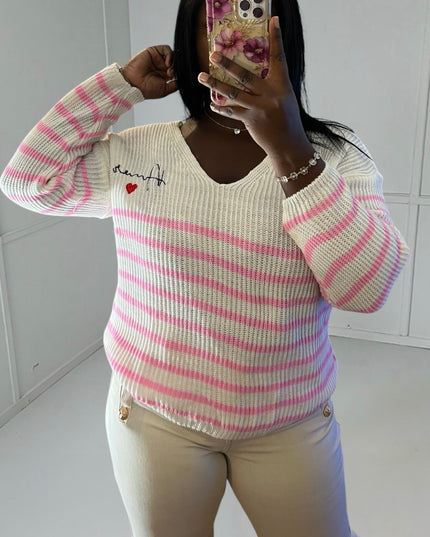LOVE Sweater - Romantic Cozy Pink Striped