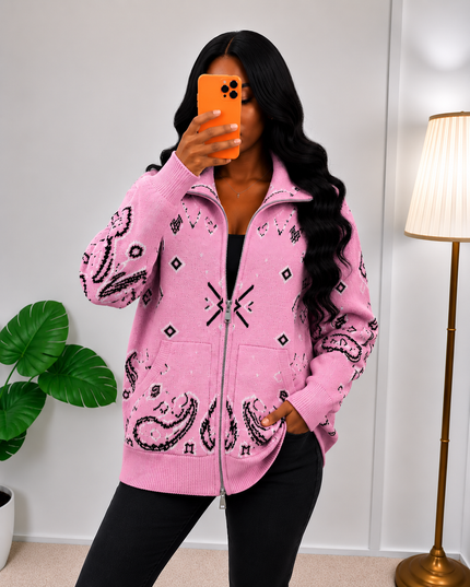 GILET NAYA MOTIF BANDANA - MAILLE CHAUDE ZIPPÉE
