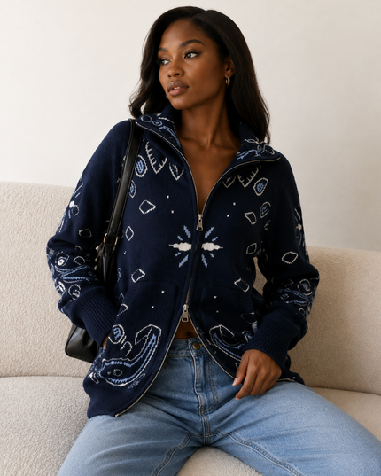 GILET NAYA MOTIF BANDANA - MAILLE CHAUDE ZIPPÉE