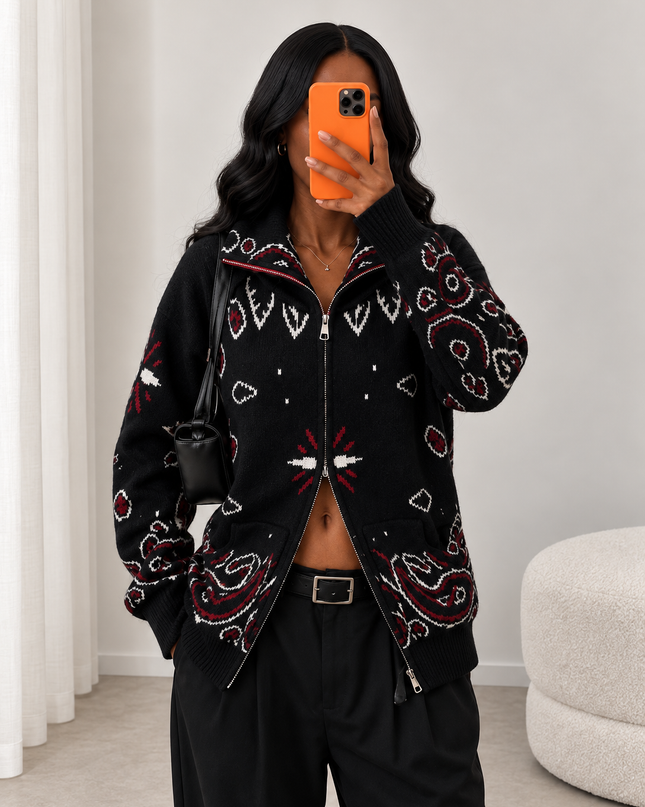 GILET NAYA MOTIF BANDANA - MAILLE CHAUDE ZIPPÉE